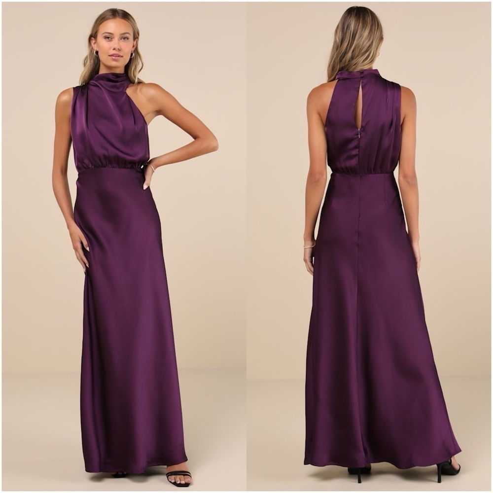 LULU’S Distinctive Charm Purple Satin Asymmetrical Maxi Dress